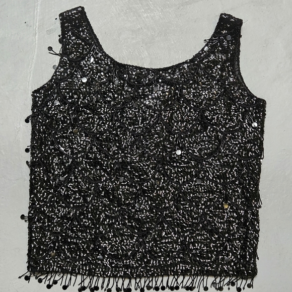 Vintage Sz Small Hand Beaded 100% Wool Boat Neck Whimsical Black Sequin Blouse - Picture 4 of 15